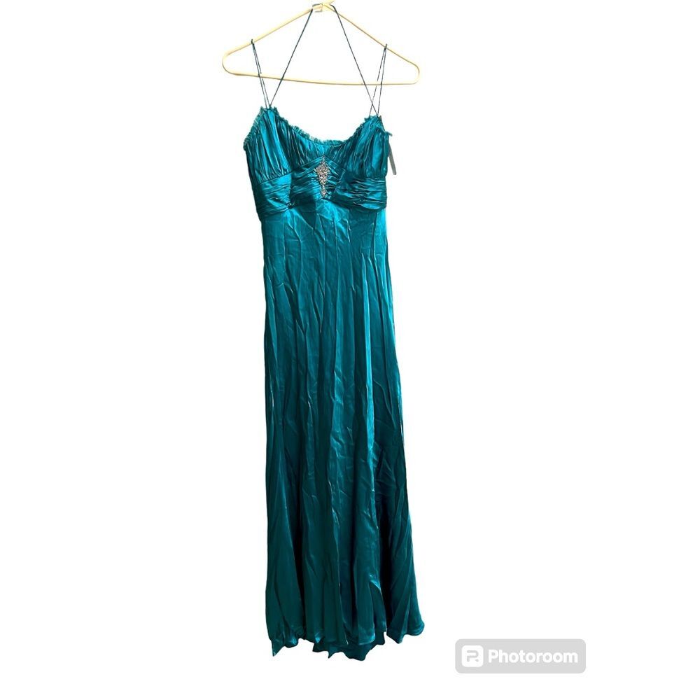 NWT Y2K Badgley Mischka 100% Silk Teal Embellished Halter Long Gown Dress SZ 6